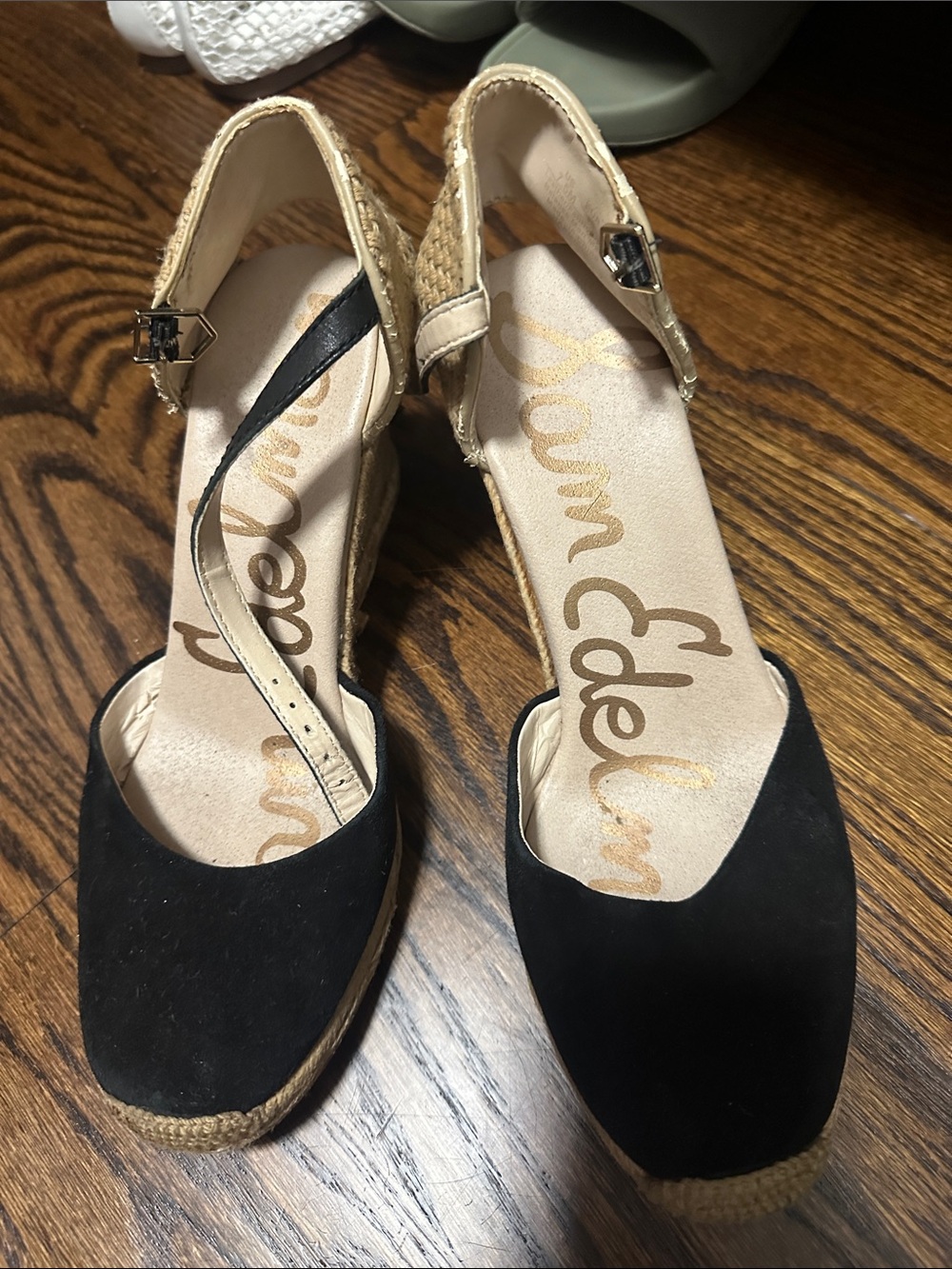 Sam Edelman Black and Tan Espadrille Wedge Sandals